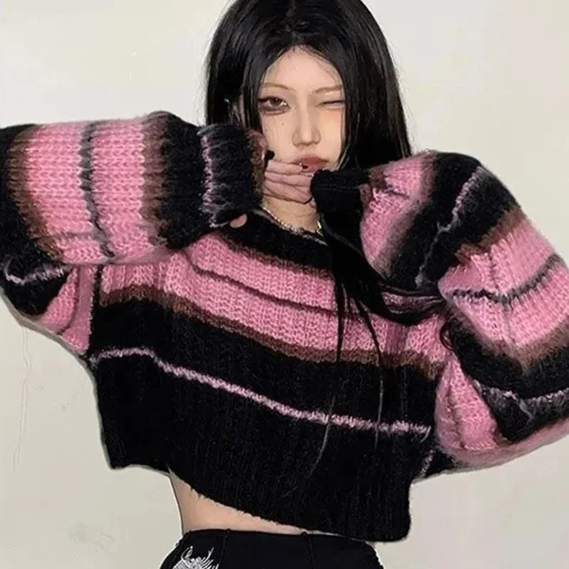 Hdspq Harajuku Knitted Cropped Sweaters Women 2023 Autumn Winter Loose Striped Sweater Woman Korean Style Long Sleeve Jumpers