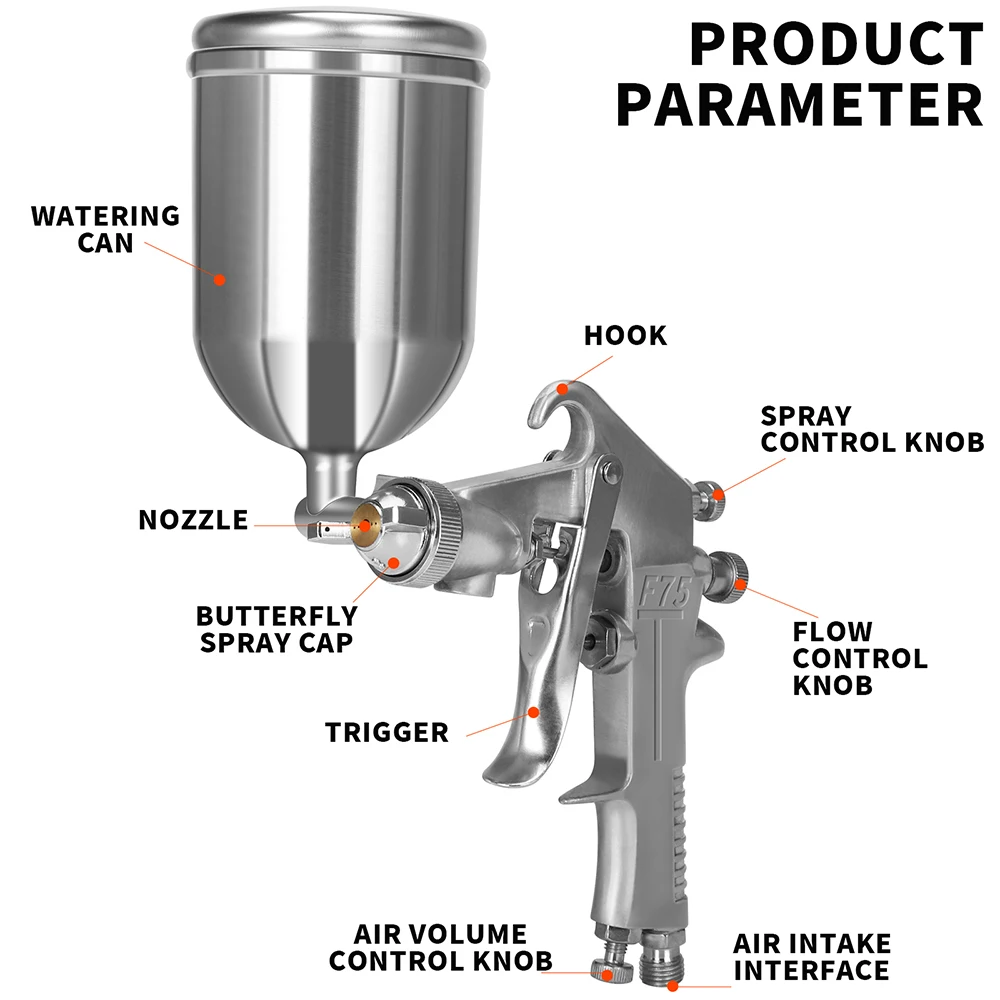 F-75 Spray Gun 1.5mm Nozzle with A Cleaning Brush And A 400cc Aluminum Cup Handle For Professional Car Painting Repair Airbrush