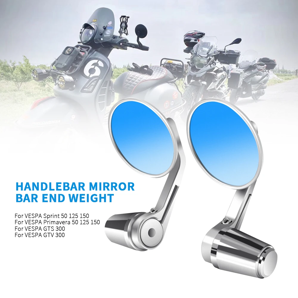 

For VESPA Sprint Primavera 50 125 150 GTS GTV 300 Motorcycle Round Handlebar Bar End Rear View Mirrors Blue Glass