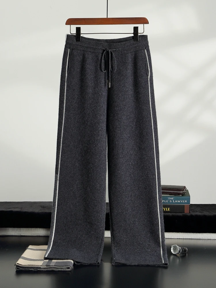 

TLOML мужские 100% кашемировые вязаные толстые жаккардовые широкие брюки осень-зима мягкие теплые повседневные кашемировые трикотажные брюки на шнурке