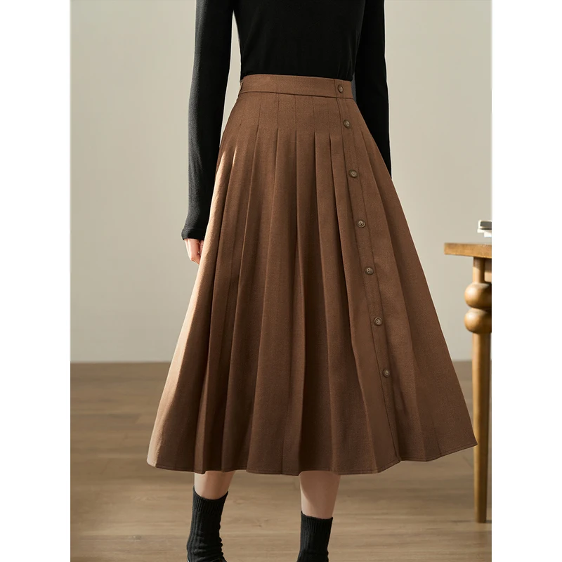 INMAN Women Skirt Winter High Waist A-shaped Loose Single Breasted Fashion Commuting Elegant Coffee Black Mid-length Skirt