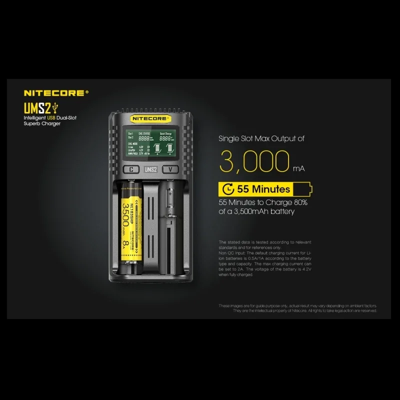 NITECORE UMS2 USB Dual-slot Intelligent Battery Charger + NITECORE 21700 Li-ion Rechargeable battery NL2150 5000mAh 3.6V 18Wh