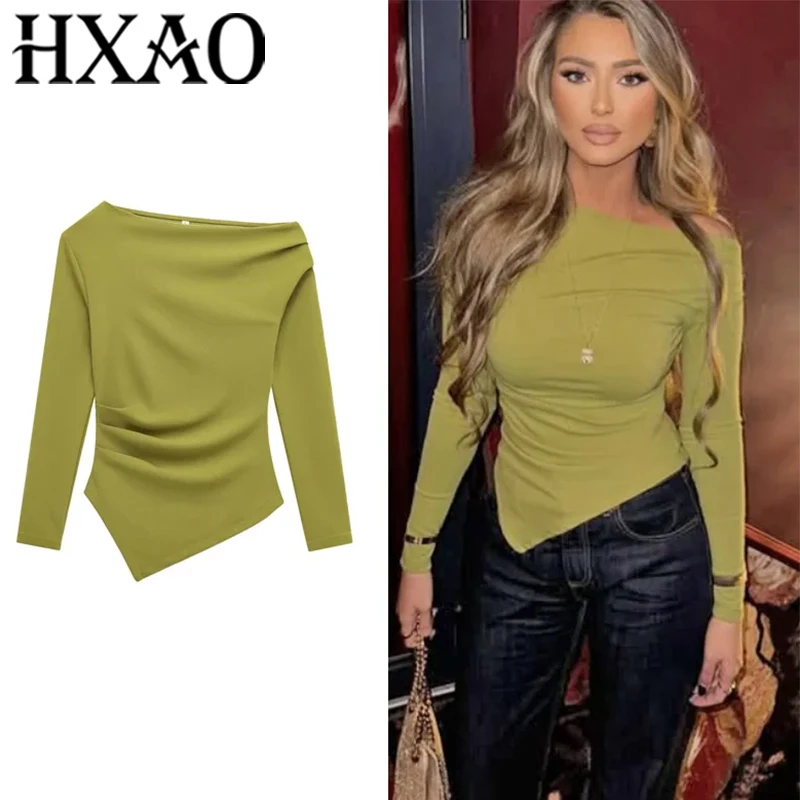 HXAO Women's Sexy Elegant Tops 2025 Spring Long Sleeve Pullovers Fashion Casual Y2k White Black Red Green Tops For Female