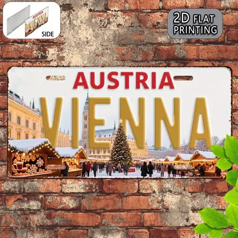 HD Tin Sign, Vintage Austria Vienna Christmas Market License Plate Metal Wall Art, Retro European City Winter Decor for Bar Man