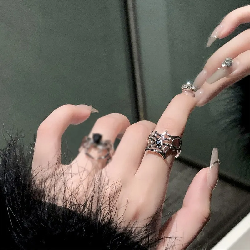 Gothic Punk Unregelmäßige Spinne Öffnung Ring Frauen Männer Mode Zirkon Schwarz Kristall Dark Tier Ring Hip Hop Party Finger Schmuck – Detail 14