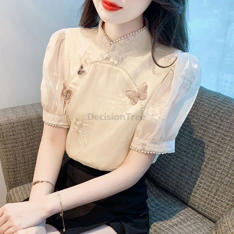 

2025 new chinese style embroideried women's blouse summer new trendy design sense chic top retro elegant exquisite tang suit top