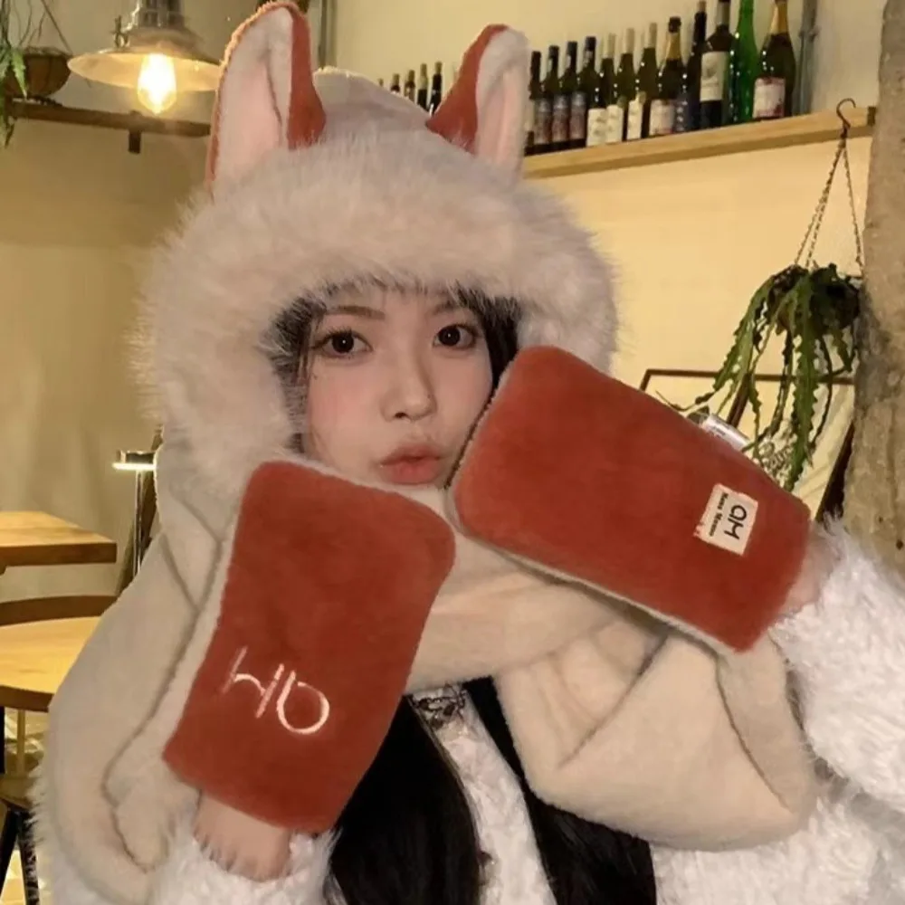 2/3 قطعة الرقبة الدافئة لطيف وشاح قبعة قفاز للنساء سميكة سدادات حماية الأذن فروي وشاح طقم قبعات دفئا قبعة تزلج الكرتون قبعة ركوب