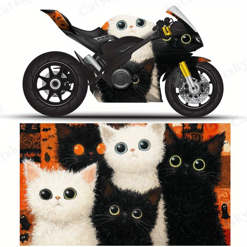 

Cute Cats with Halloween Elements Motorcycle Film Stickers, Durable PVC Adhesive Decals for Motorcycle Customization, Weather-Re