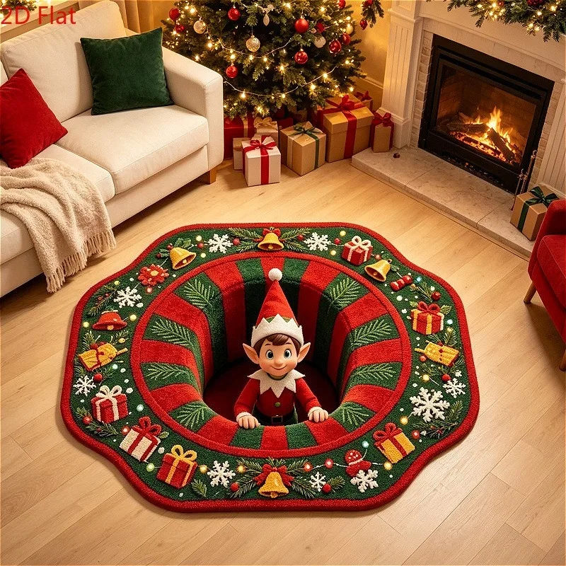 Tunnel Vision Round Rug Santa Waving Gingerbread Man Candy Cane Brick Well Scene 80x80cm