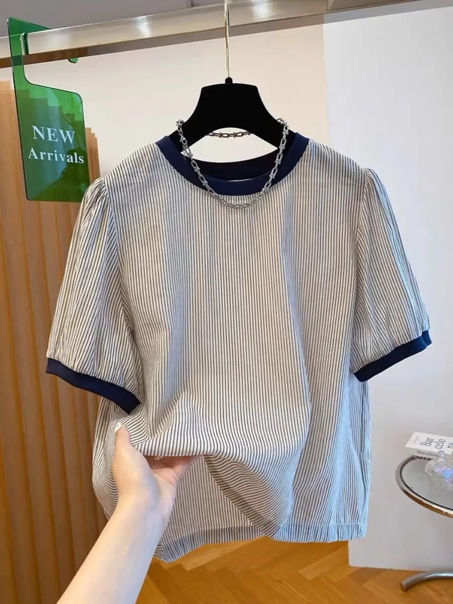 2025 New Ele Striped ort Sve T-irt Women's Loose Slimming Versatile Casual Top Korean Sle Commute Wind Summer