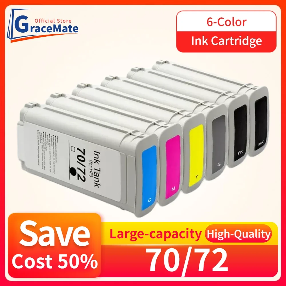 GraceMate 130ml Compatible Ink Cartridges with Chip Replacement for HP 72 Designjet T610 T770 T795 T1100 T1120 T1200 T1300 T2300