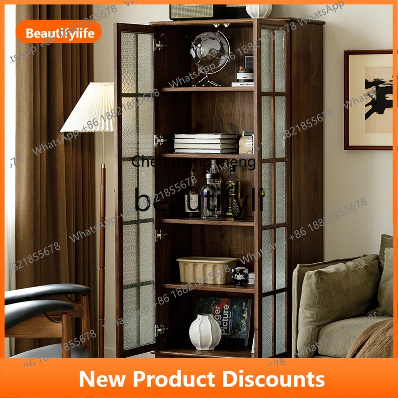 

X Black Walnut Wine Cabinet Solid Wood Bookshelf Living Room Home Floor Display Shelf