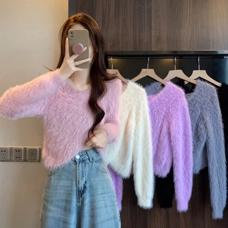 

Fluffy Surplice Sweater Pullovers Women Soft Fuzzy Long Sleeve Knit Jumper Pink Crop Sweater Fall Winter Y2K 90s Outfit
