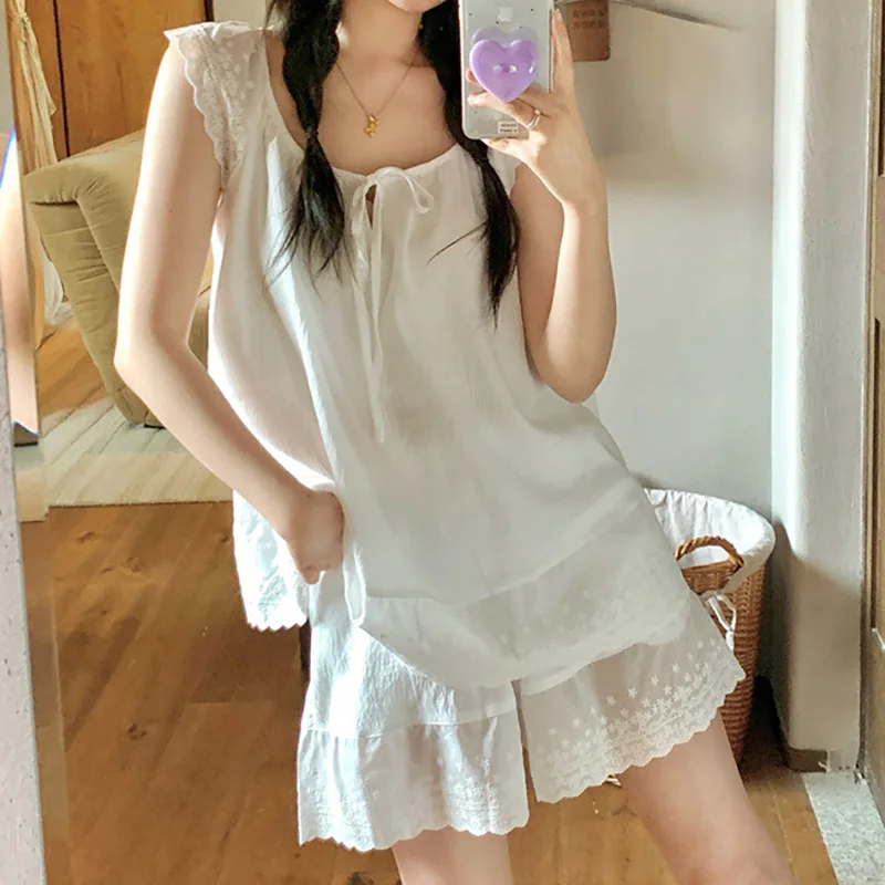 Women Sweet Girls Summer Cool Shoulder Sleeveless Lace Girl with Chest Mat Home Clothes Pajama Set 5
