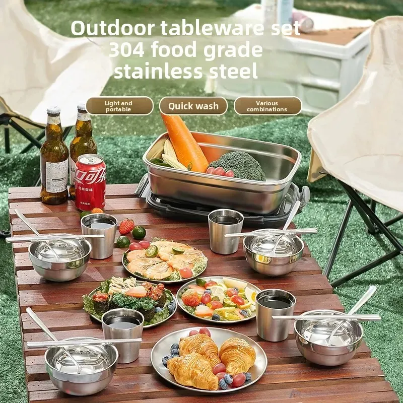 304 stainless steel travel tableware portable camping picnic self driving full set rice bowls