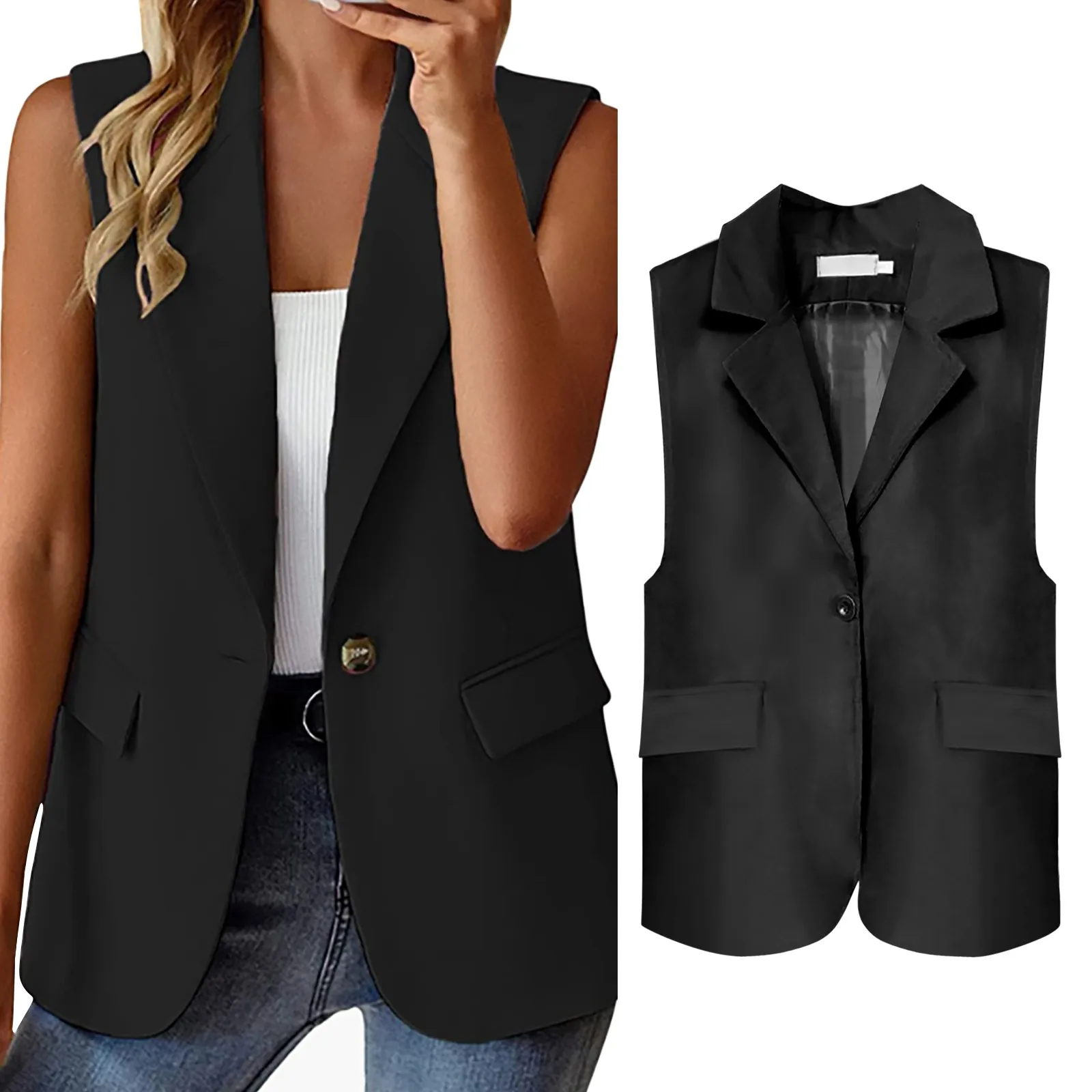 Women's Vest 2024 Sleeveless Vests Summer Waistcoat Sleeveless Business Vest Coat V-Neck Single-breasted Ladies Casual Tops Coat