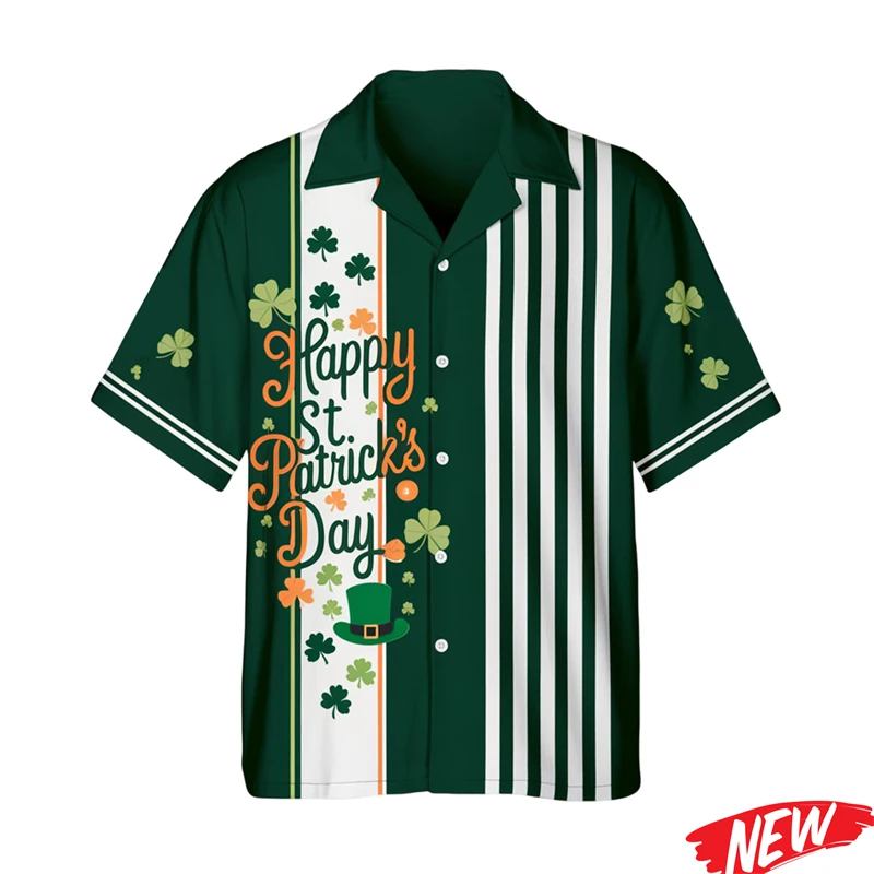 

Happy St. Patrick's Day Shirt For Men 3d Printed Irish Clover Lapel Shirts 2026 Festive Short Sleeve Tops Loose Hawaiian Shirt
