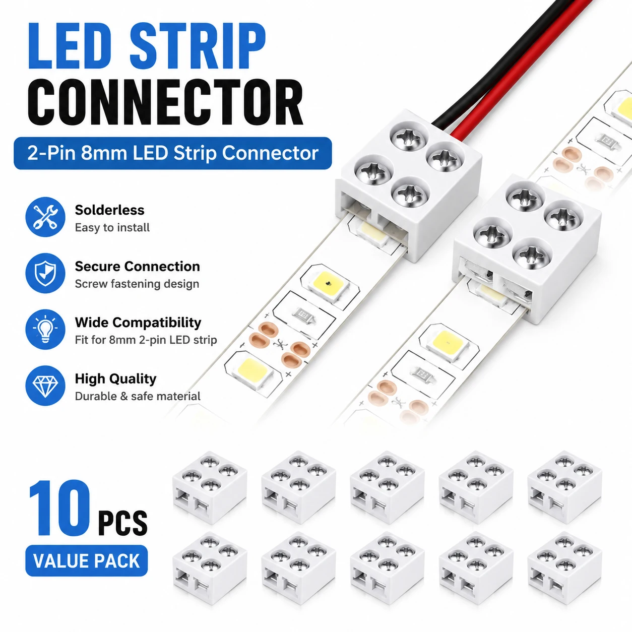 10 Stück LED-Streifen-Verbinder 2-Pin 8mm Anschluss LED-Licht Lötloser Verbinder-Adapter für 22AWG/20AWG/18AWG/16AWG Massivdraht