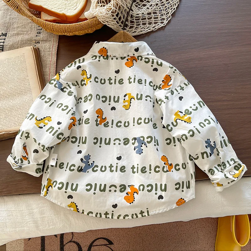 Veste chemise dinosaure pour garçons, nouveau Style d'automne à manches longues pour enfants, chemise à revers avec lettres, Style fin pour garçons et bébés, 2025