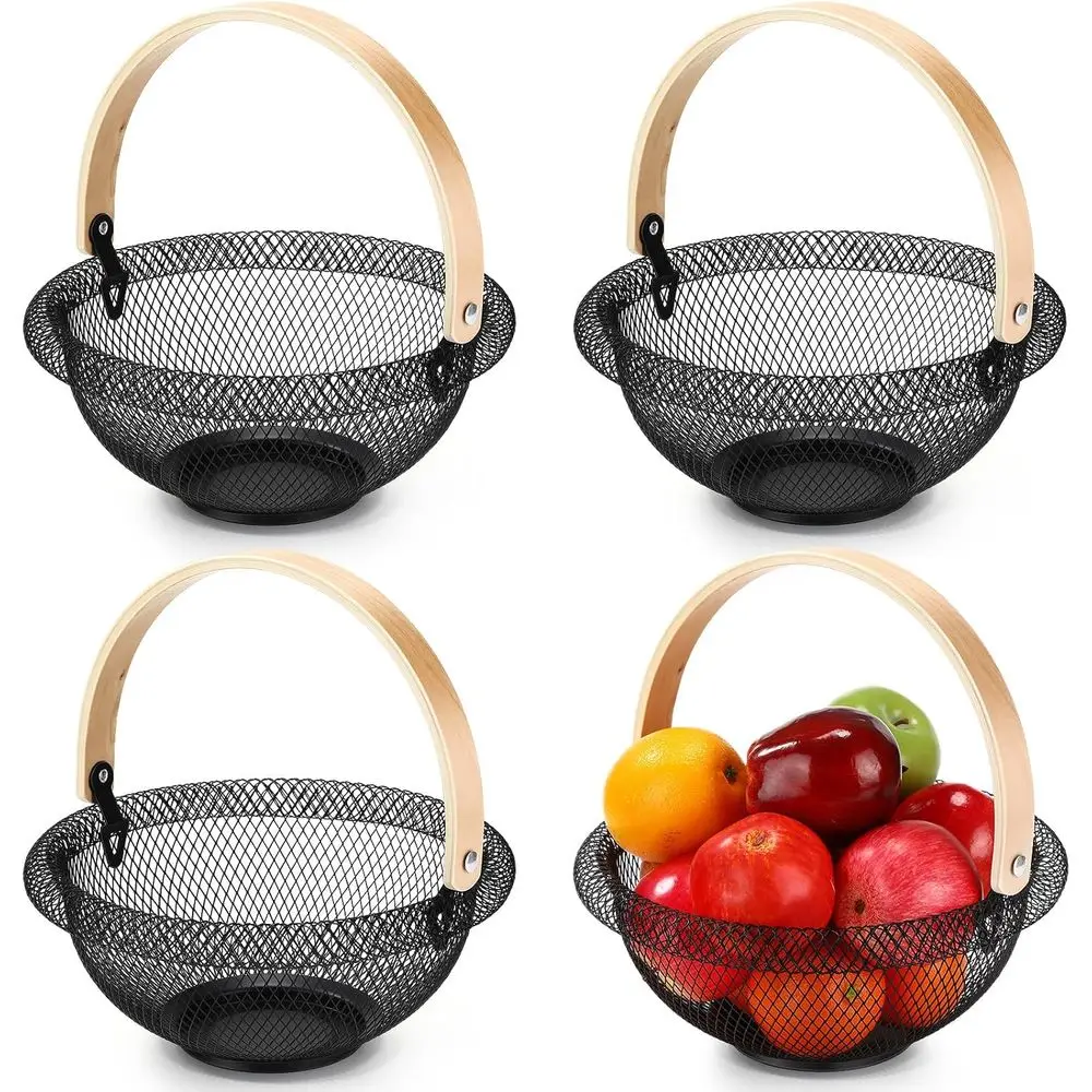 

Набор корзин для фруктов из сетки 10,6 с деревянными ручками — универсальное подвесное хранилище для кухни, ванной и улицы, черный