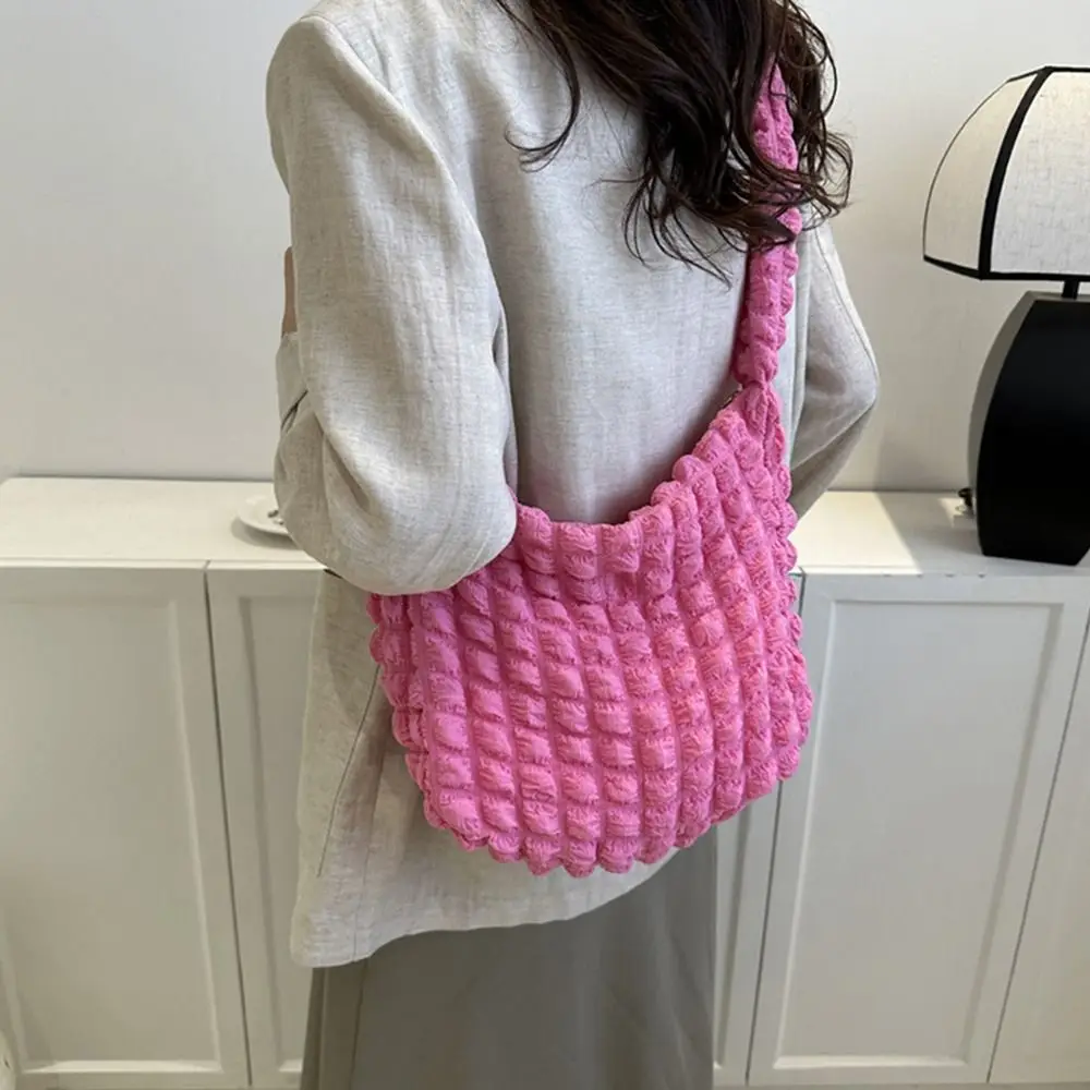 Plaid Quilted Shoulder Bag Cute Pleated Bubbles Solid Color Tote Bag Large Capacity Embroidered Satchel Bags Women