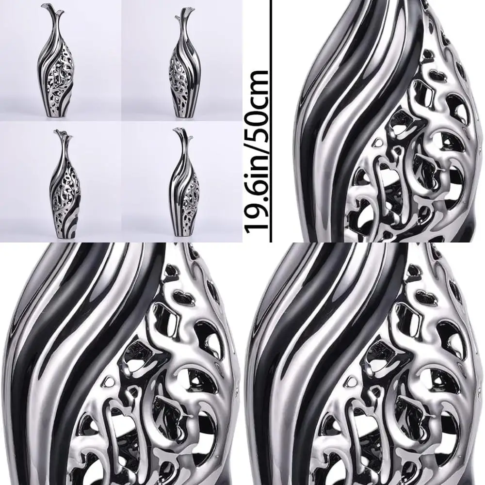 

19 Tall Black & Silver Ceramic Floor Vase - Unique Decor for Living Rooms, Offices, and Porches