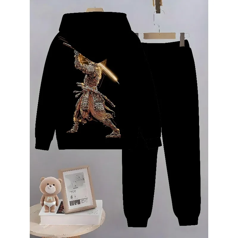 シンプルでスタイリッシュなカジュアル長袖3Dデジタルプリントクラシック戦士柄パーカーとスポーツパンツの2点セット