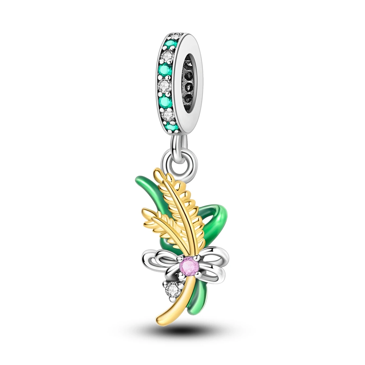 Beautiful 925 sterling silver Gold Bow Green Leaves Wheat Ears Charm Fit Brand Bracelet Ladies' Field Play Jewelry Accessories