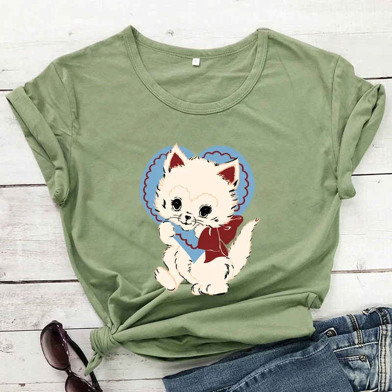 Sunmmer New Wowen T Shirt Coloful Cute Heart Cat Tops Cat Lovers Shirt Cat Mama Tshirt Women Cotton Grunge Aesthetic Casual Tee