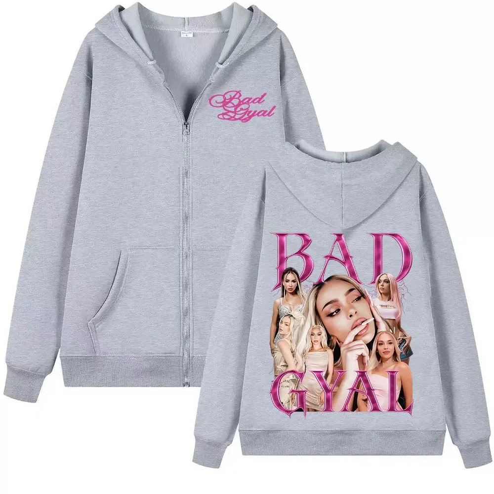 Singer Bad Gyal 빈티지 90년대 지퍼 후드티 남성 여성 하라주쿠 미학 트렌드 스웨트 셔츠 코트 캐주얼 바디워머 지퍼 업 풀오버