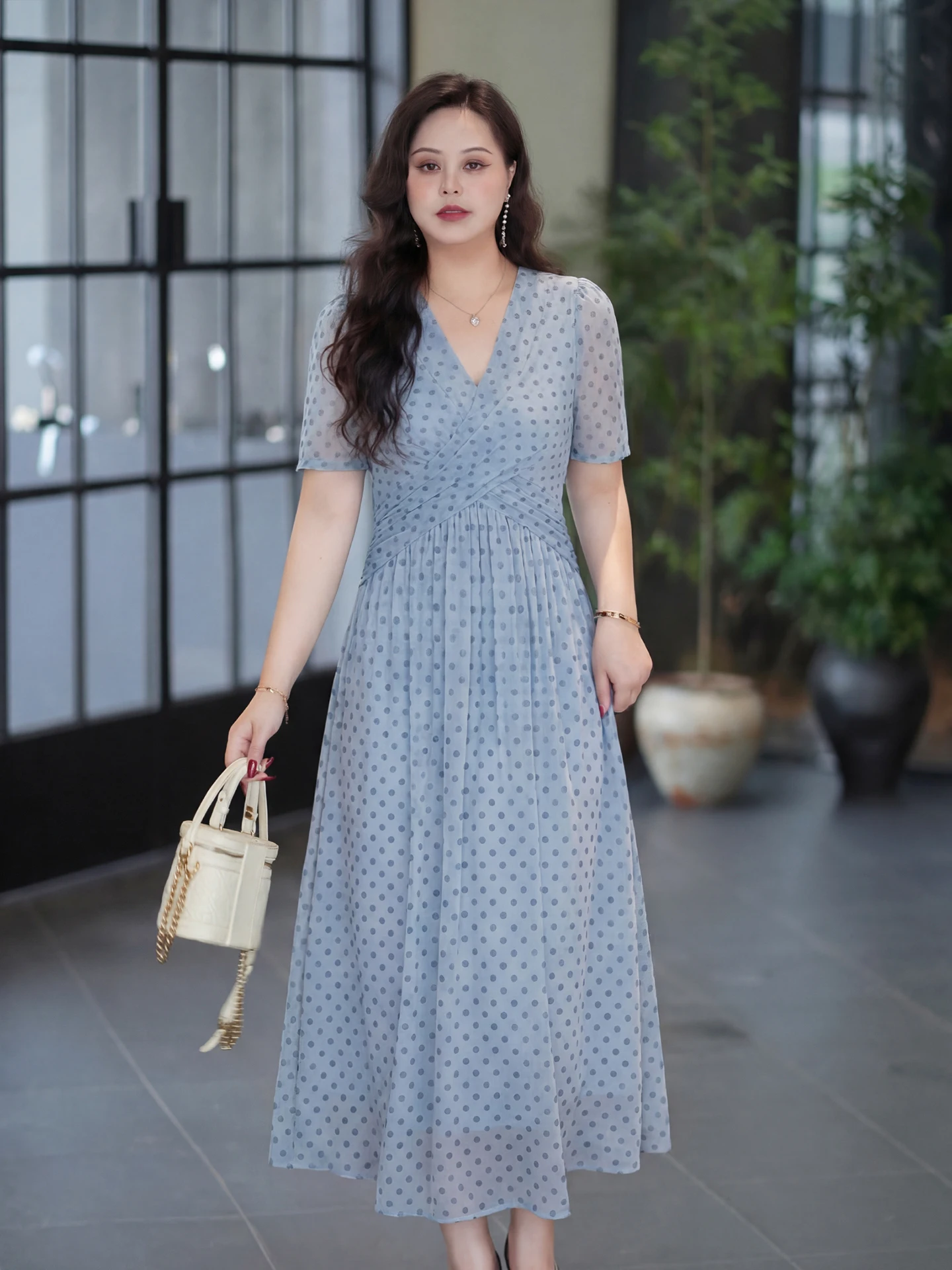 

Dave's plus Size Unique Beautiful V-neck Dress Summer Plump Women's Clothing Belly Covering Waist-cinching Polka Dot Dress