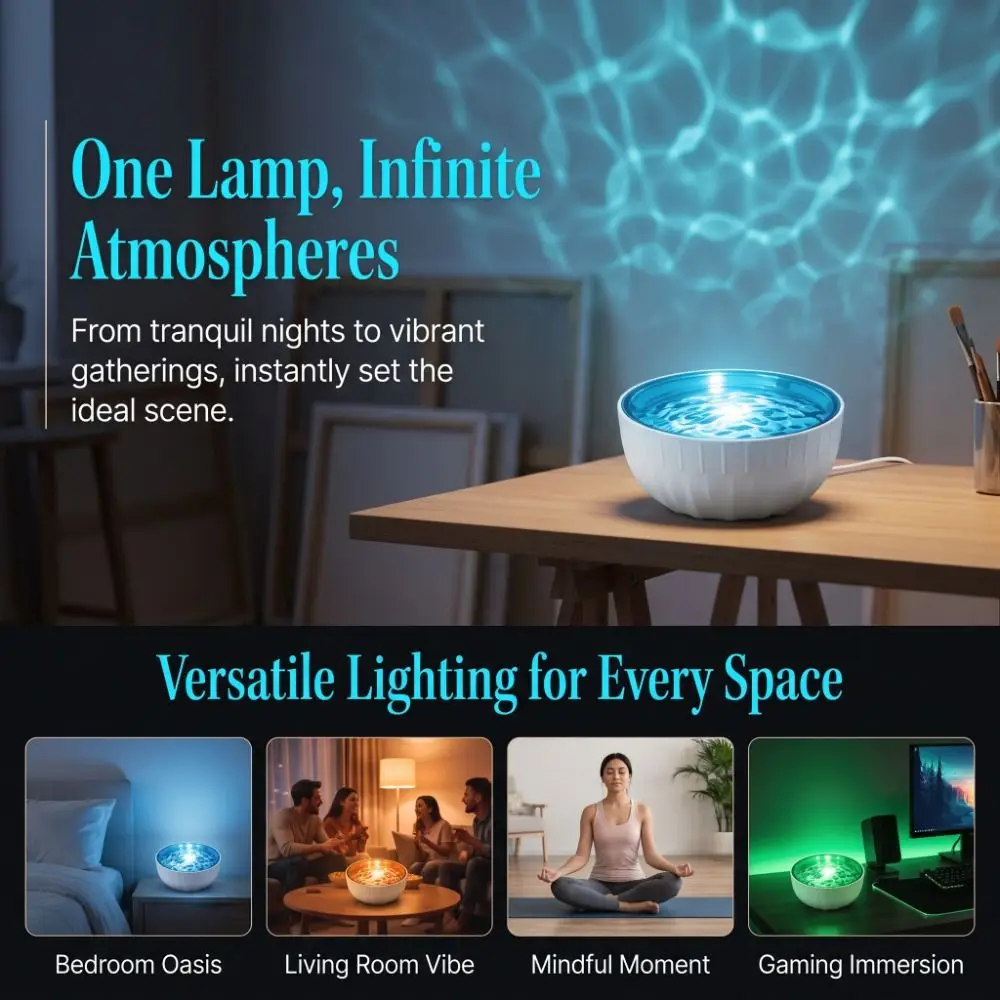 16‑Color RGB Water Wave Projector Night Light Dynamic Water Ripple USB Powered Dynamic Ambient Lamp Colorful
