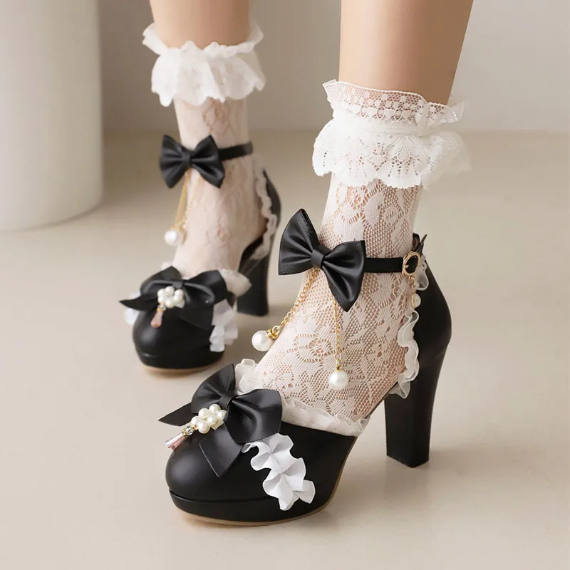 Japanese Fashion Sweet Lolita High Heel Sandals Closed Toe One Strap Bow Princess Sandals Plus Size Women Summer Dress Footwear