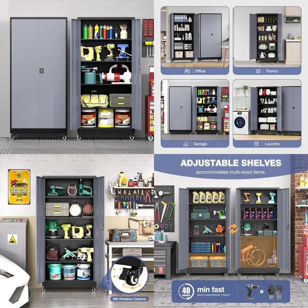 Gabinete de garaje de metal con ruedas, gabinete de almacenamiento alto con 4 estantes ajustables y 2 puertas, gabinete de herramientas bloqueable para garaje H