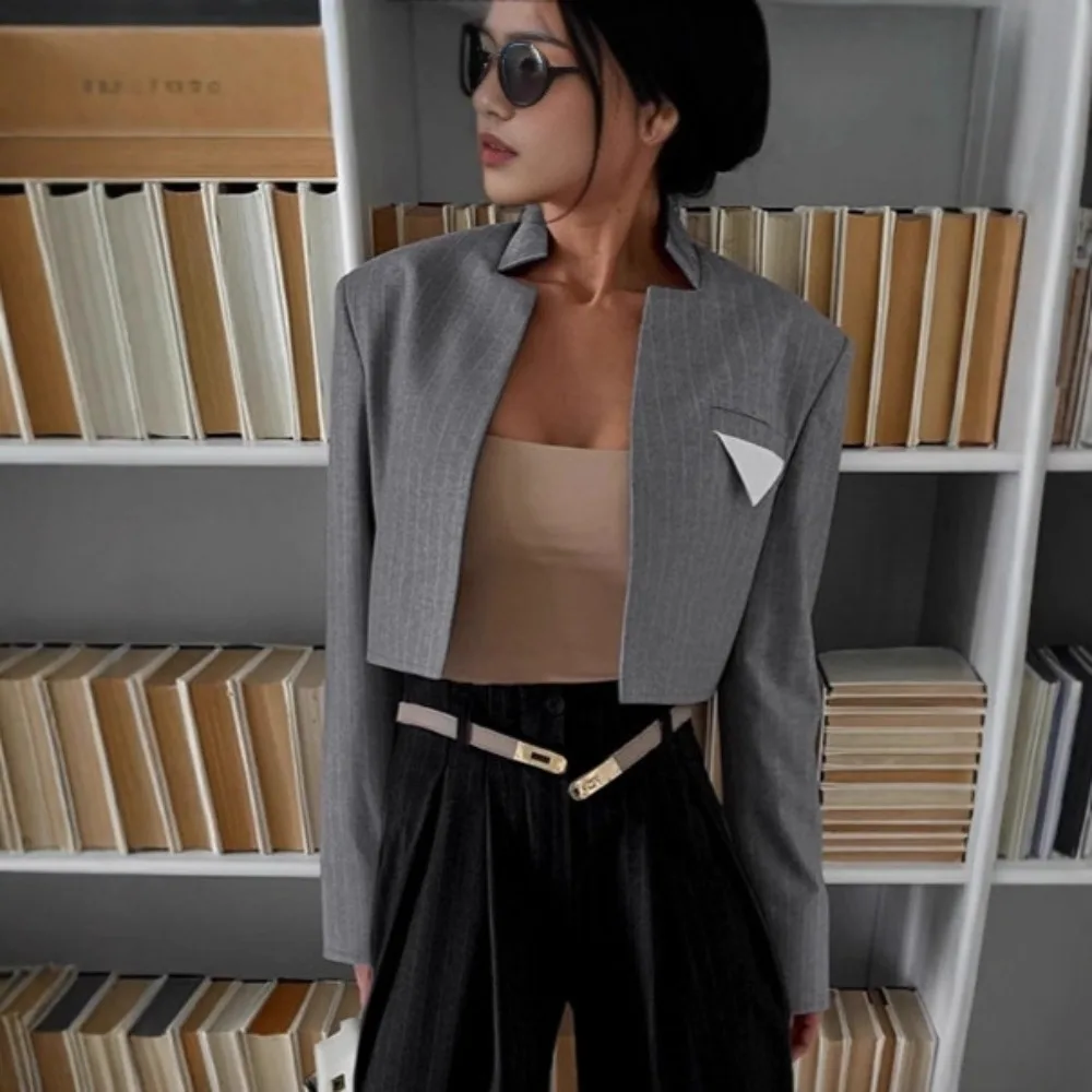 Temperament Striped Stand Up Collar Suit Jacket Women's Autumn New Style British Style Short Suit Jacket Women's Clothing