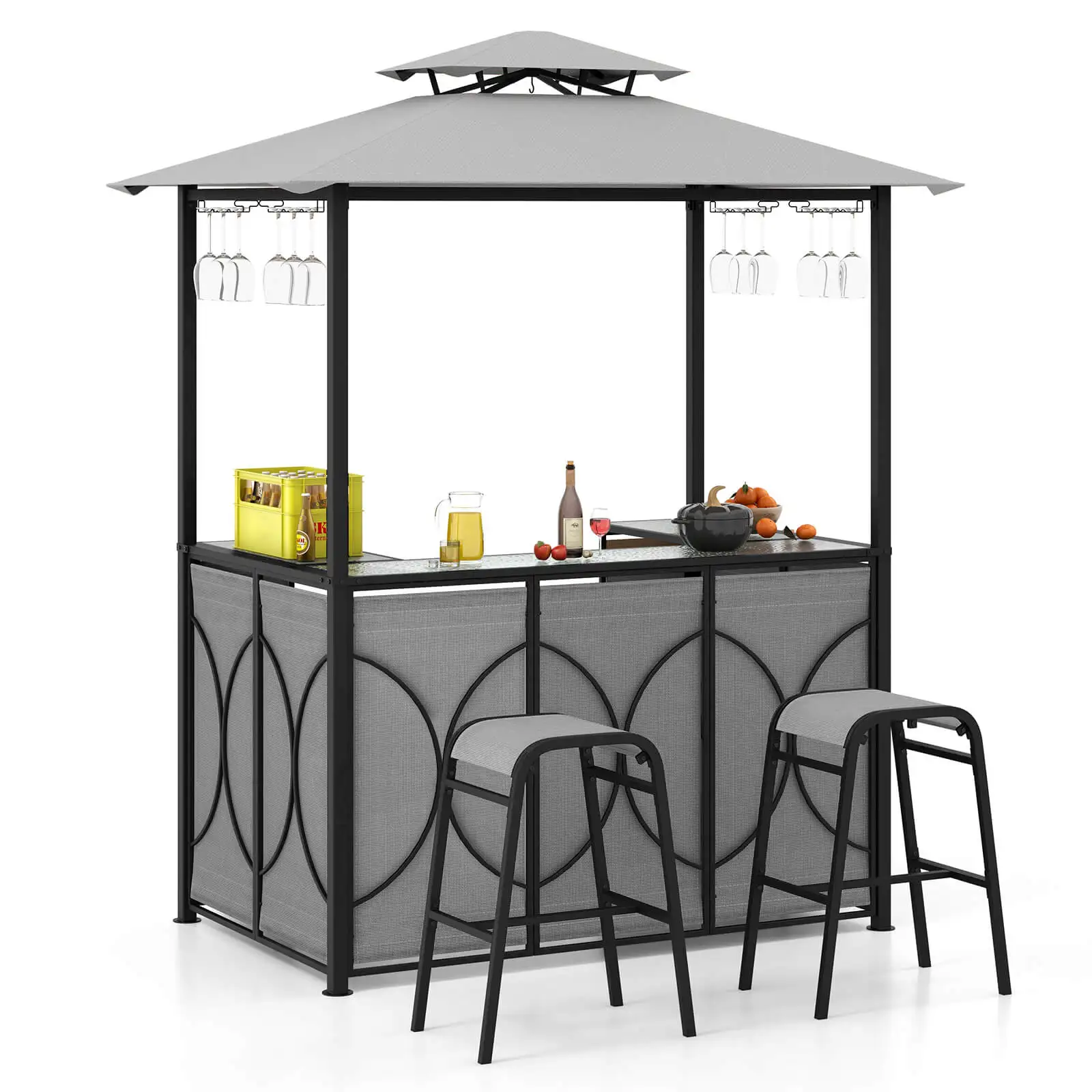 3 PCS Patio Bar Set with Tempered Glass Bar Table Metal Storage Shelves for Garden Grey