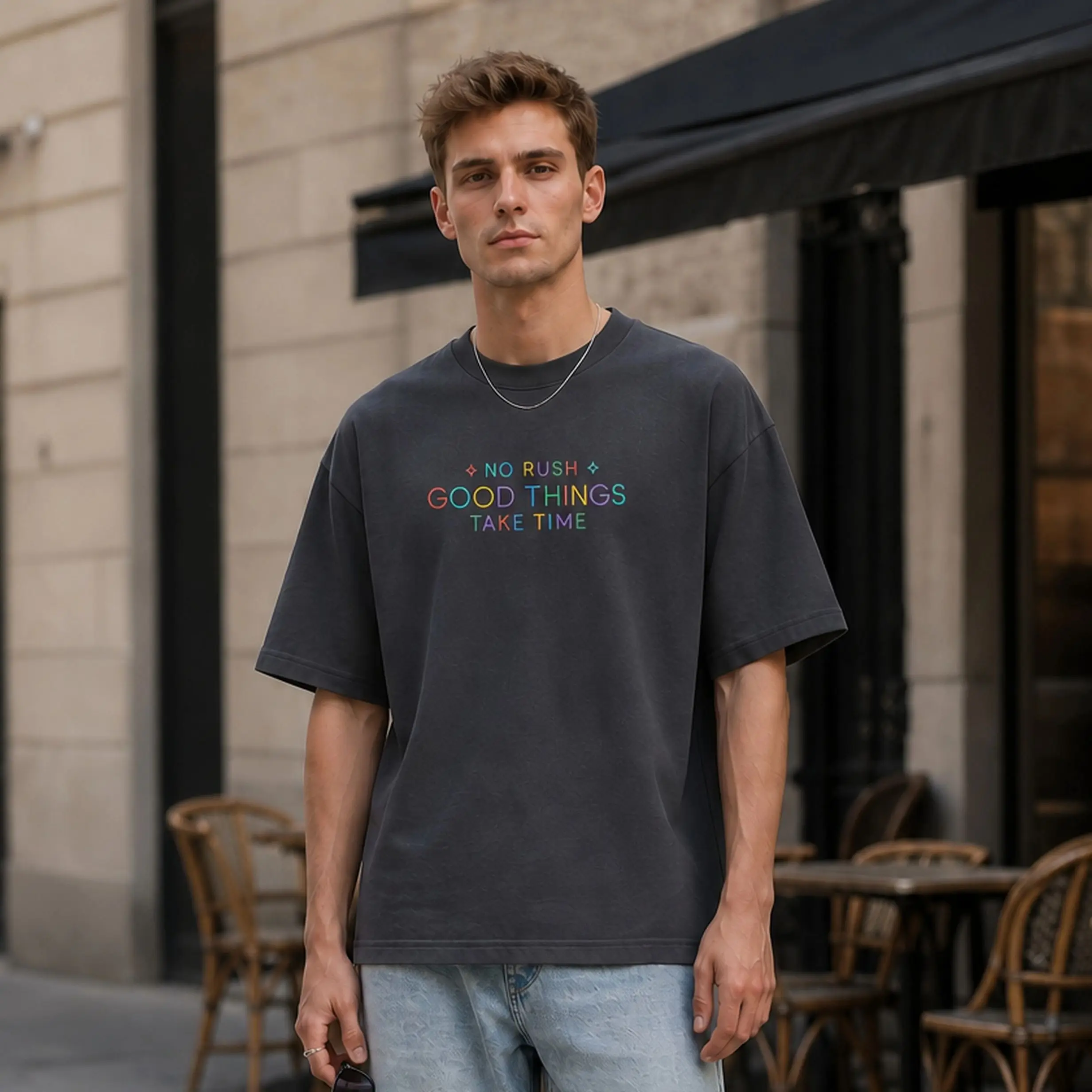 GOOD THINGS TAKE TIME Rainbow Clock Oversized Heavyweight T-Shirt