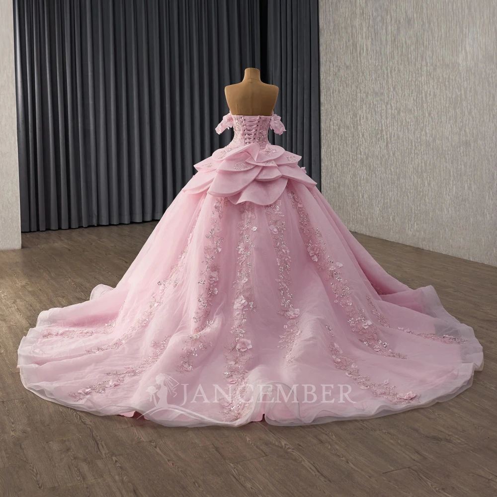 فستان Quinceeneara اللامع للشباب بدون أكتاف فساتين رسمية فستان بأكمام قصيرة مزين بفيستدو دي 15 ذيل محكمة مخصص #2