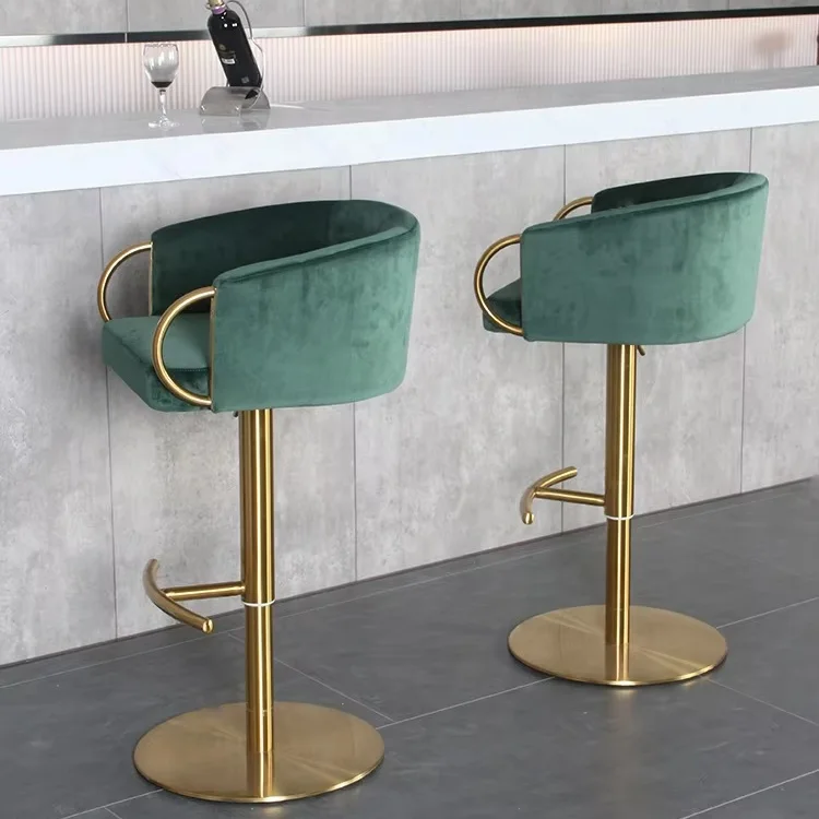 Luxury Commercial Stainless Steel Green Velvet Fabric Barstool Upholstered Kitchen Gold High Chair Bar Stool Set of 2