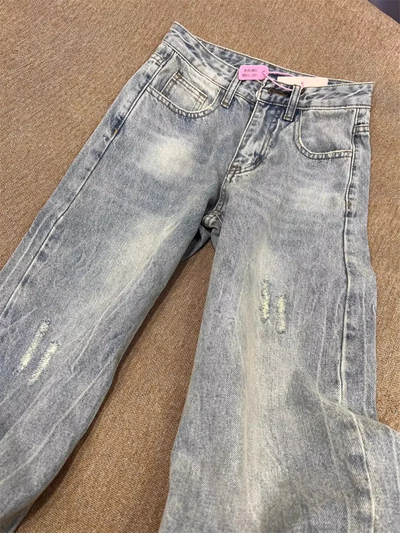 2025 Design Sense Loose Straight Leg Jeans For Women's Summer New Style Washed and Worn High Waist Slimming and Wide Leg Pants