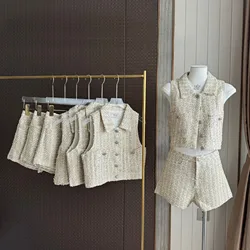 Women's Vintage Two Pieces Sequined Tweed Short Suit Lady Summer High Street Sleeveless Turn Down Collar Short Vest Top + Shorts