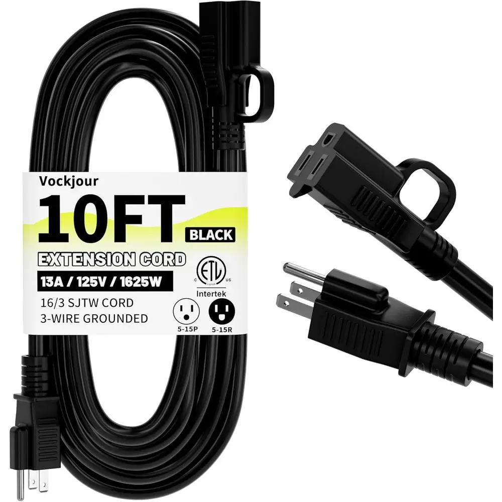16/3-Gauge Weatherproof Outdoor Extension Cord with 10ft Length and 3-Prong Grounded Plug, Suitable for Offices, Gardens, and La