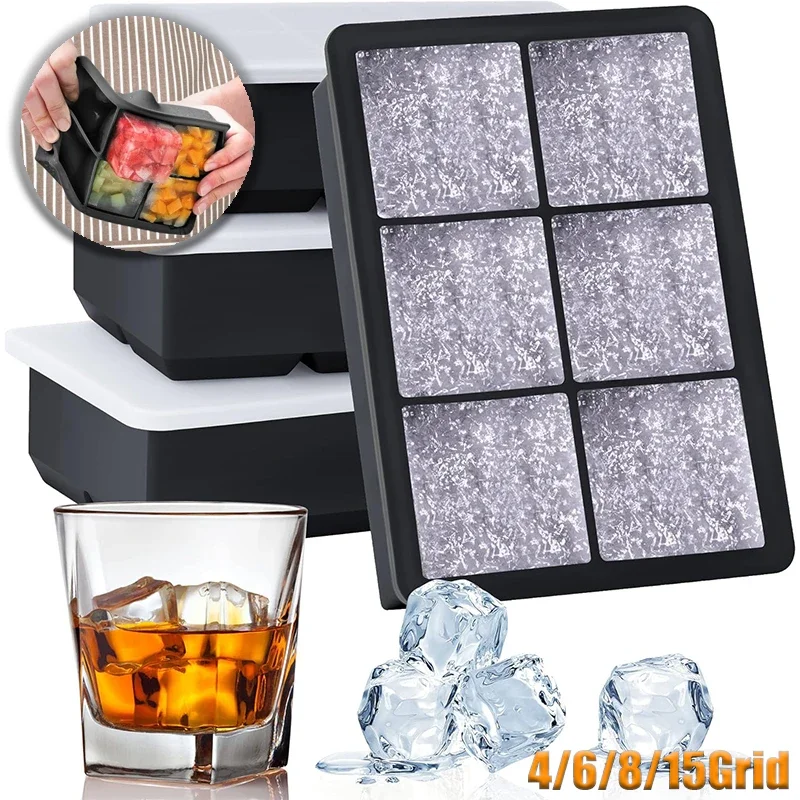 4/6/8/15 Grid Big Ice Tray Mold Giant Jumbo Large Food Grade Silicone Ice Cube Square Tray Mold DIY Ice Maker Ice Cube Tray