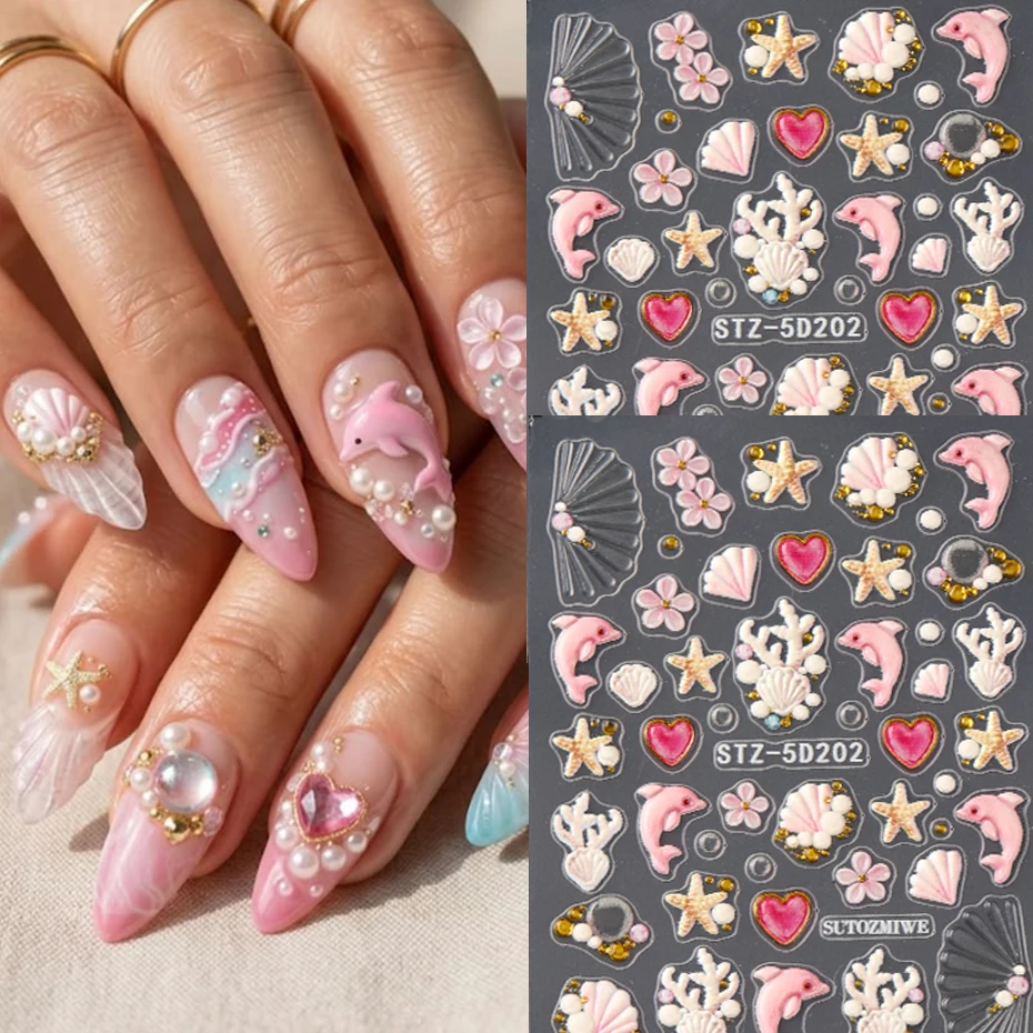 5D Embossed Ocean-Themed Nail Stickers - Pink Dolphin, Starfish, Shells Design Self-Adhesive Nail Decals for Summer Nail Decor