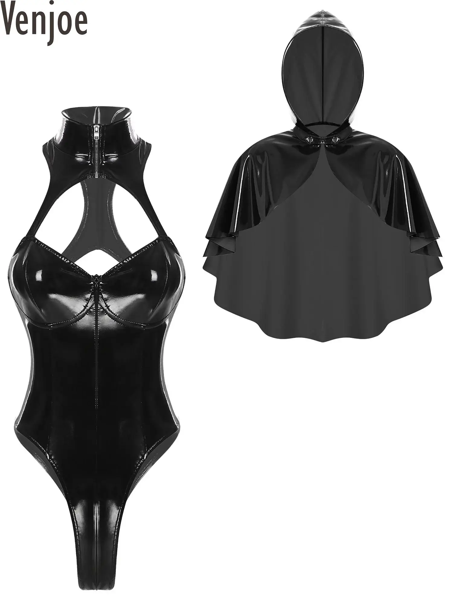 

Womens Wetlook Leather Hooded Cloak and Bodysuit Outfit Mock Neck Sleeveless Cut Out Bodysuit and Cape Steampunk Gothic Costume