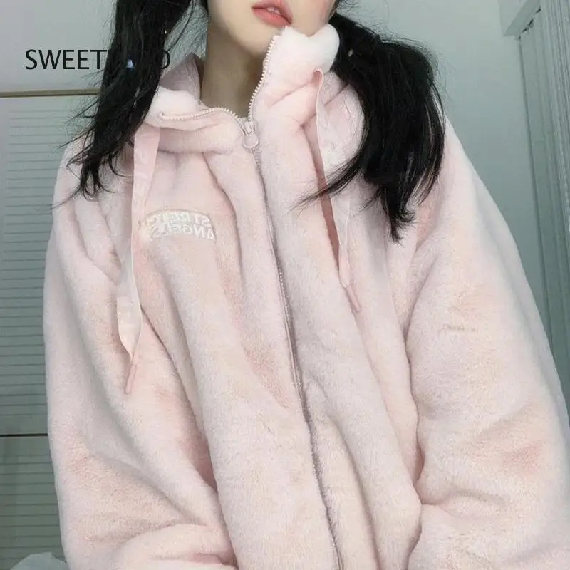 

Kawaii Pink Zipped Sweatshirt Femme 2022 Autumn Flannel Long Sleeve Top Lovely Girls Hoodieswiner Women Clothes