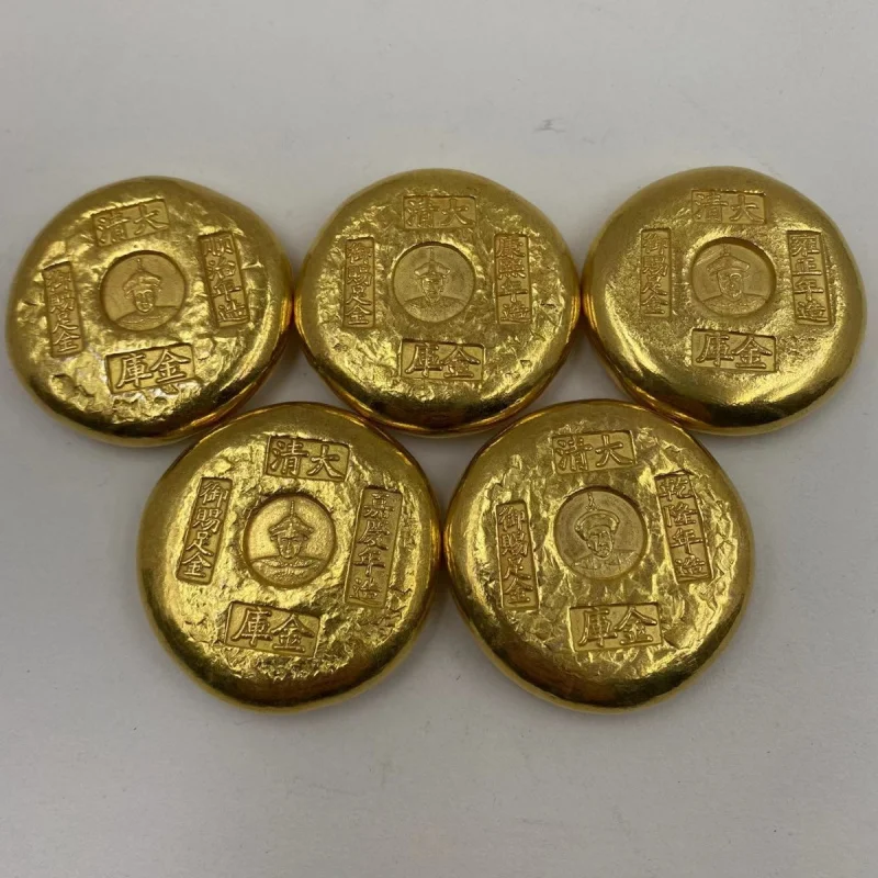 Antique Craft Pure Copper Gold-Plated Gold Cake Gold Bar Qing Dynasty Five Emperors Fu Lu Shou Xi Cai Gold Cake Antique Collecti