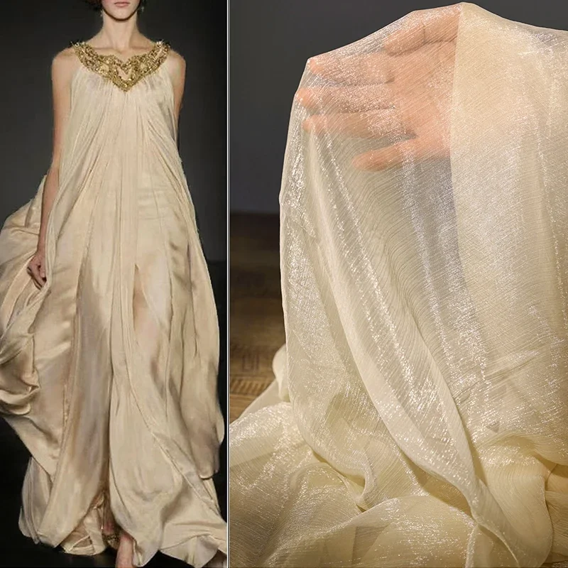 Micro Shiny Chiffon Mesh Fabric Semi-Transparent Soft Gauze Wedding Dress Shirts Clothing DIY Glitter Wrinkled Sheer Fabric view 5