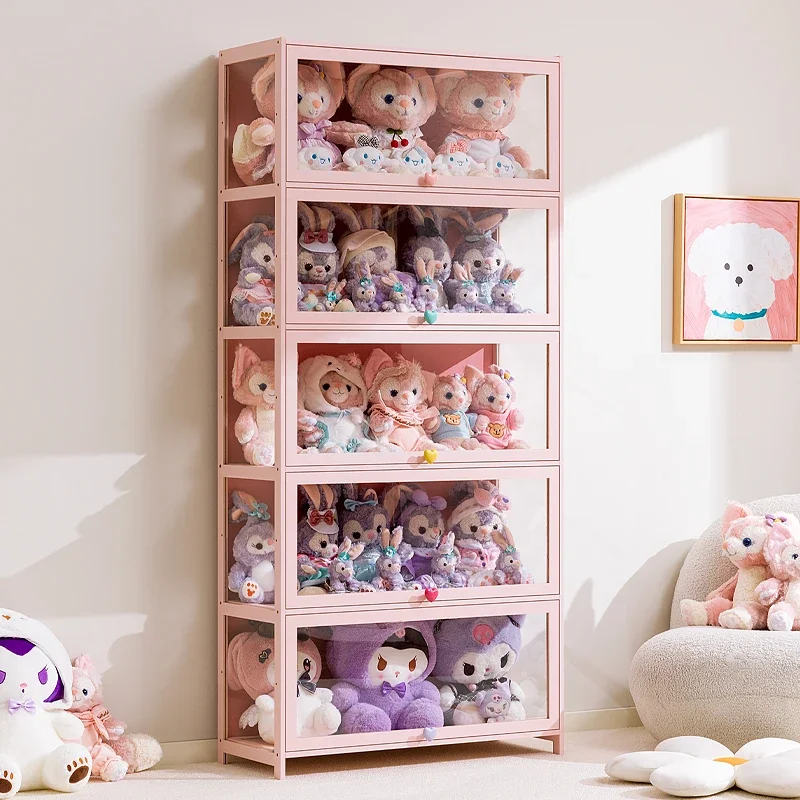 Figure display, card tide play doll, cosmetic bag storage, pink display case, shelf.