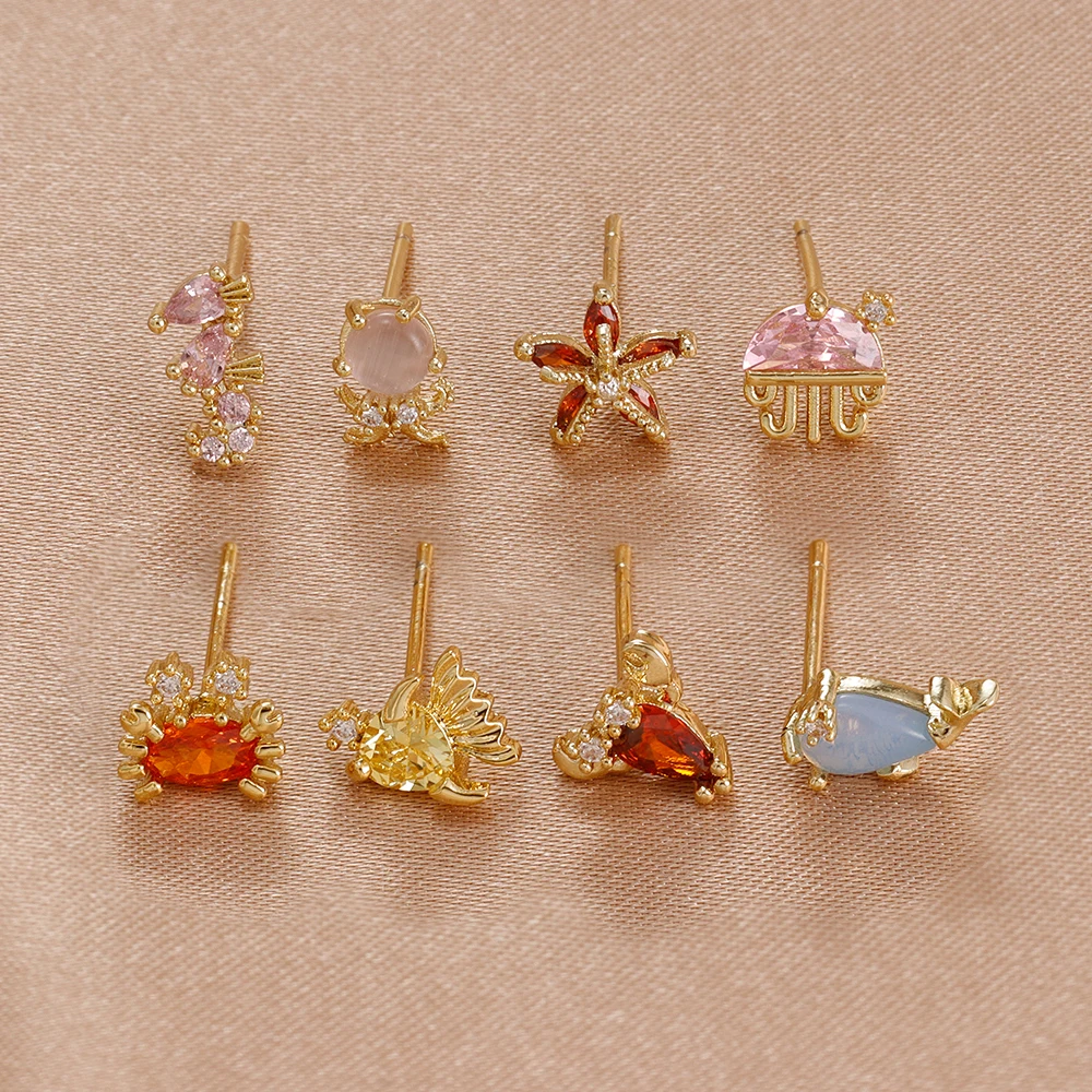 2PCS Mini Ocean Series Animal Small Stud Earrings For Women Multicolor Zircon Marine Lobster Crab Ear Studs Piercing Jewelry